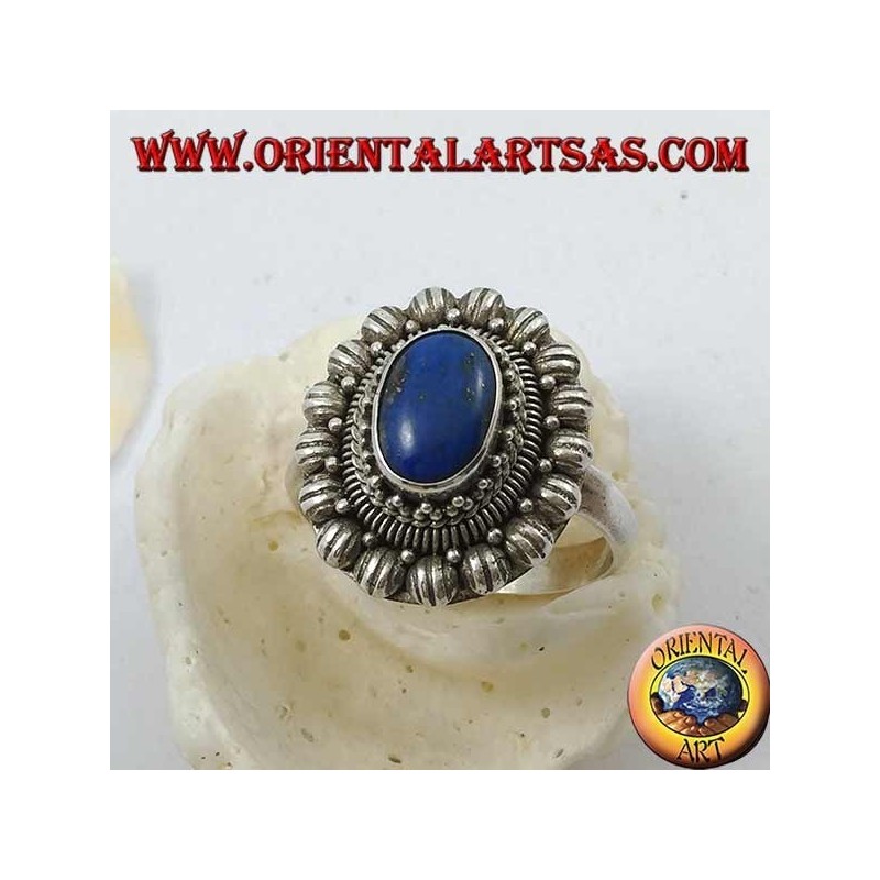 Anillo de flores de plata con cabujón ovalado lapislázuli