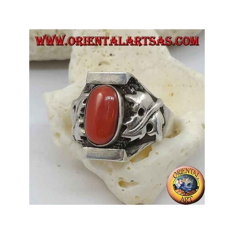 Silver ring with antique Tibetan oval coral and Nepalese setting with bay leaves on the sides
