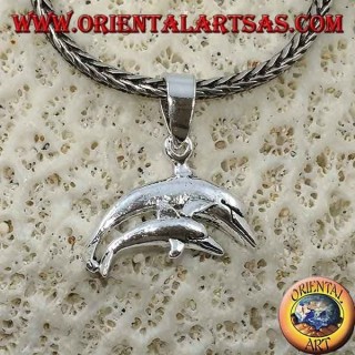 Silver pendant pair of jumping dolphins (mom and son)