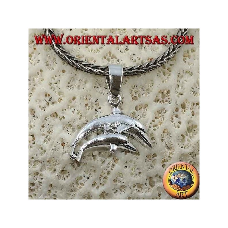Silver pendant pair of jumping dolphins (mom and son)