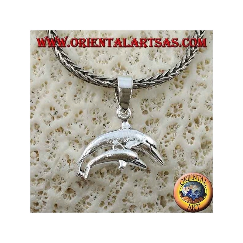 Colgante de plata par de delfines saltando (madre e hijo)