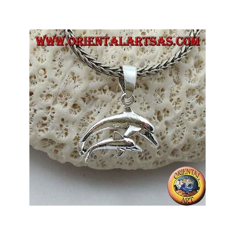 Silver pendant pair of jumping dolphins (mom and son)