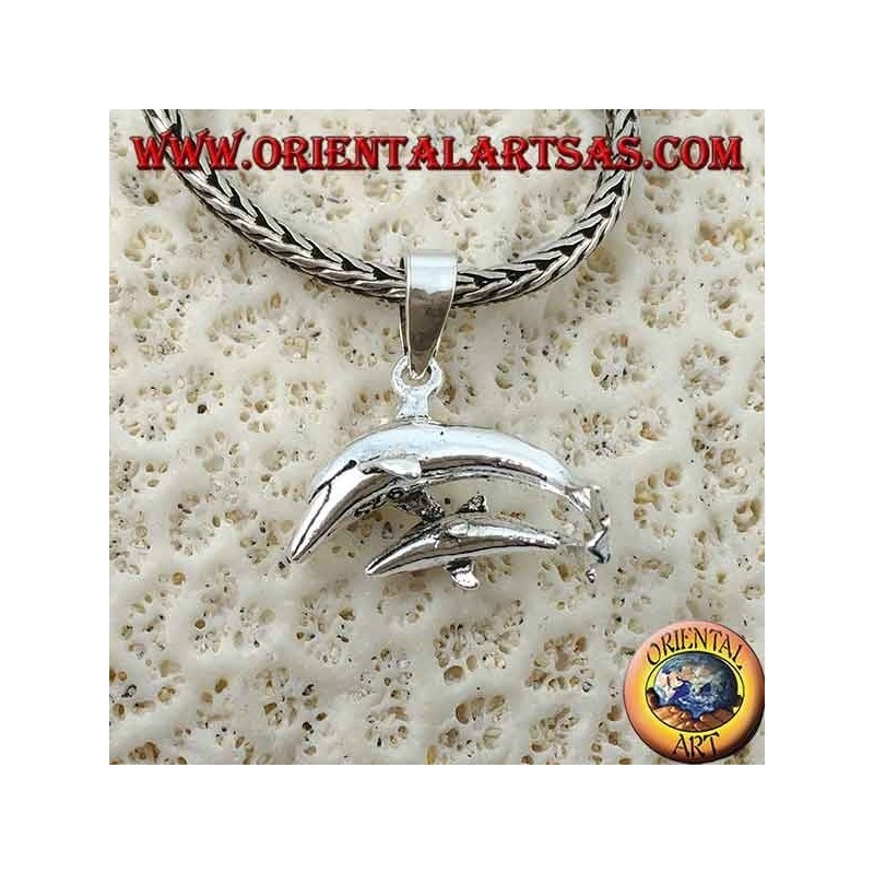Silver pendant pair of jumping dolphins (mom and son)
