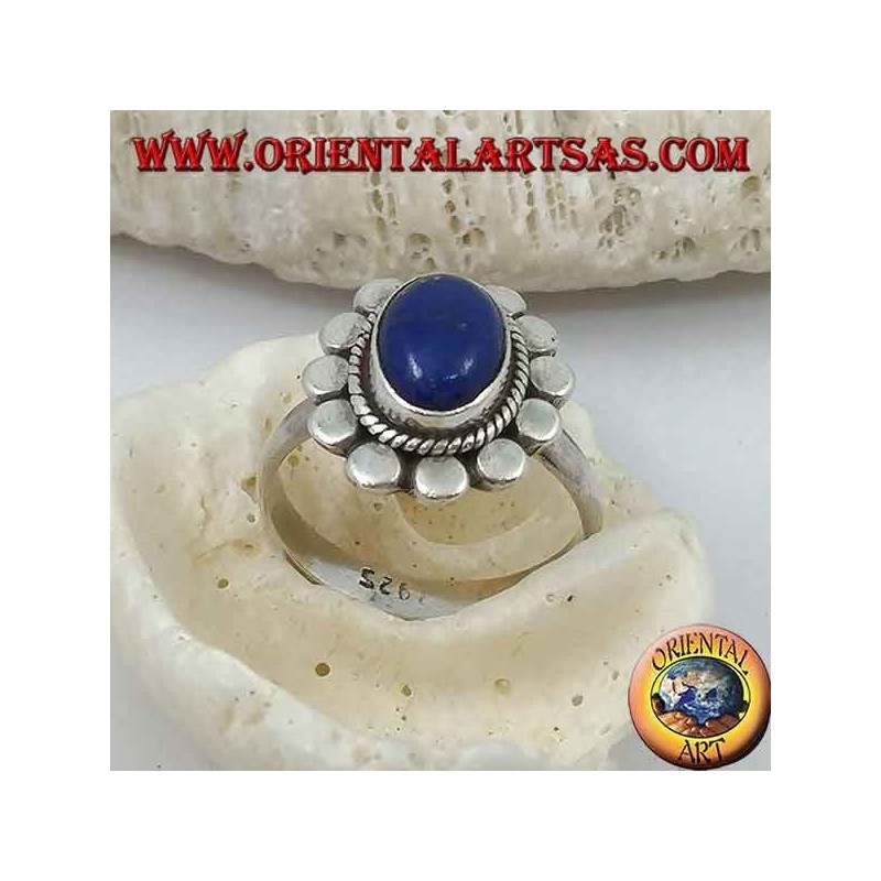 Daisy silver ring with oval cabochon lapis lazuli and petal discs
