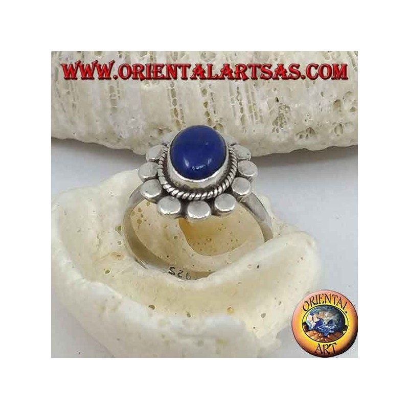 Daisy silver ring with oval cabochon lapis lazuli and petal discs