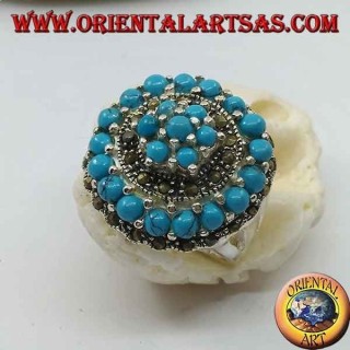 Anello in argento a mosaico concentrico tempestato di palline di turchese e marcasite incastonate