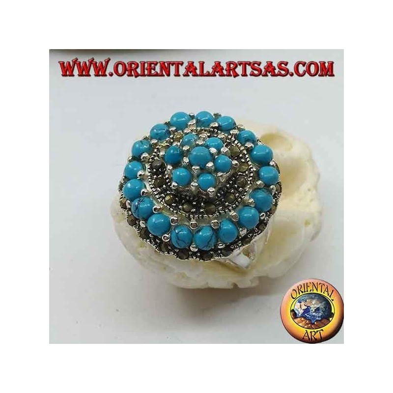 Bague en argent mosaïque concentrique parsemée de boules turquoise et marcassite