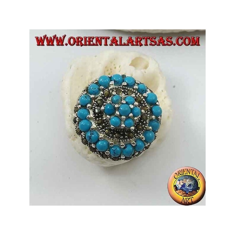 Anello in argento a mosaico concentrico tempestato di palline di turchese e marcasite incastonate