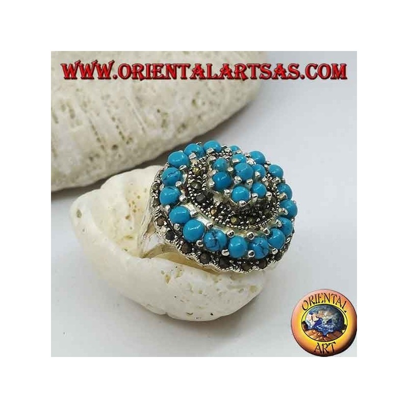 Concentric mosaic silver ring studded with turquoise and marcasite balls set