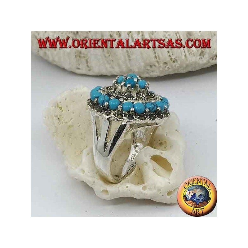 Bague en argent mosaïque concentrique parsemée de boules turquoise et marcassite
