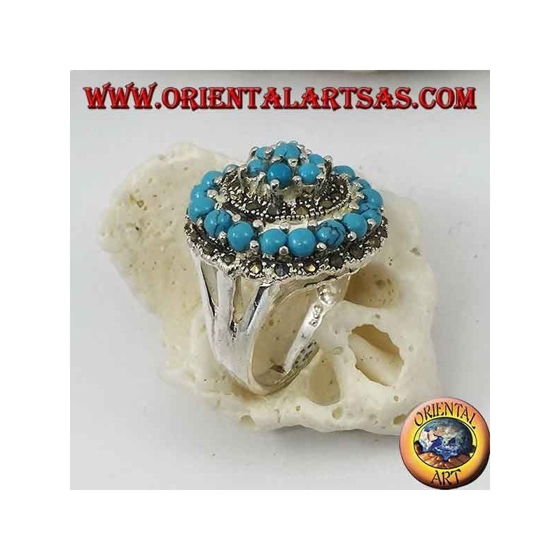 Bague en argent mosaïque concentrique parsemée de boules turquoise et marcassite