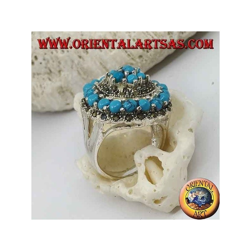 Anillo de plata de mosaico concéntrico tachonado con bolas de turquesa y marcasita.