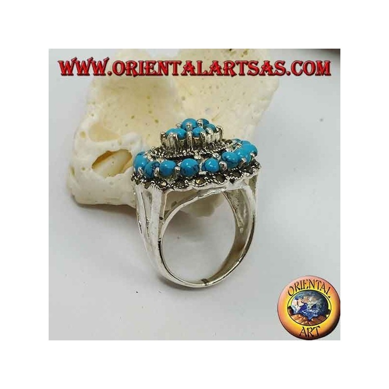 Anillo de plata de mosaico concéntrico tachonado con bolas de turquesa y marcasita.