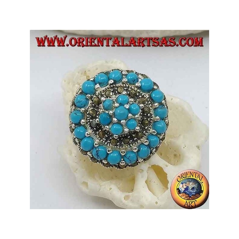 Bague en argent mosaïque concentrique parsemée de boules turquoise et marcassite