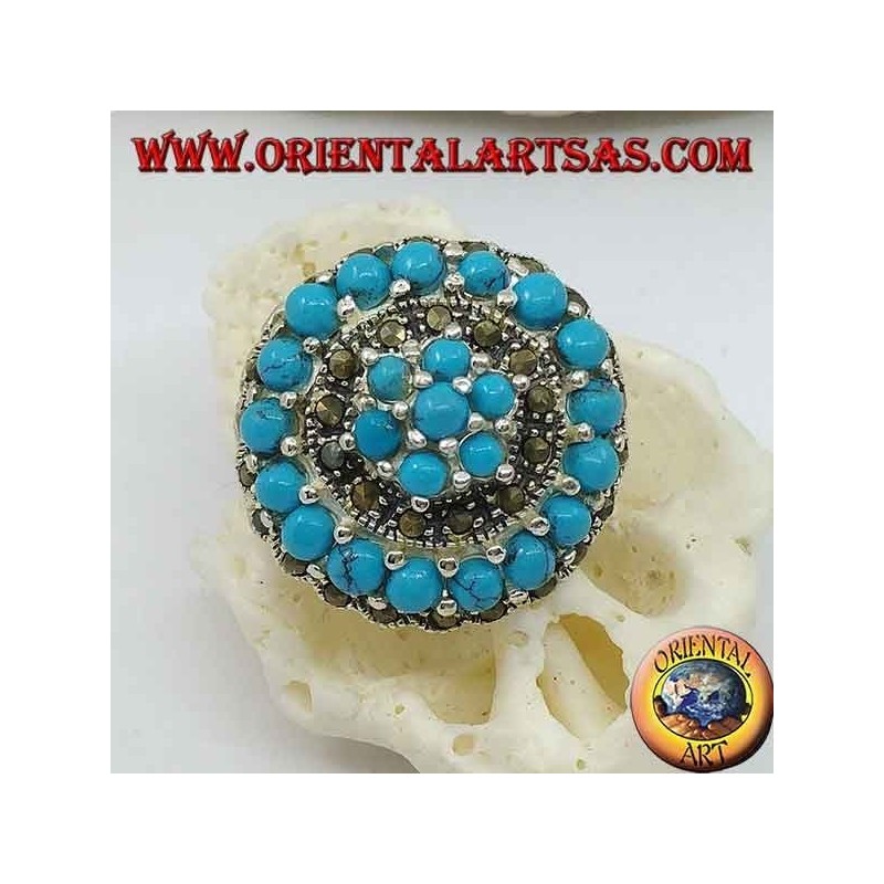 Anello in argento a mosaico concentrico tempestato di palline di turchese e marcasite incastonate