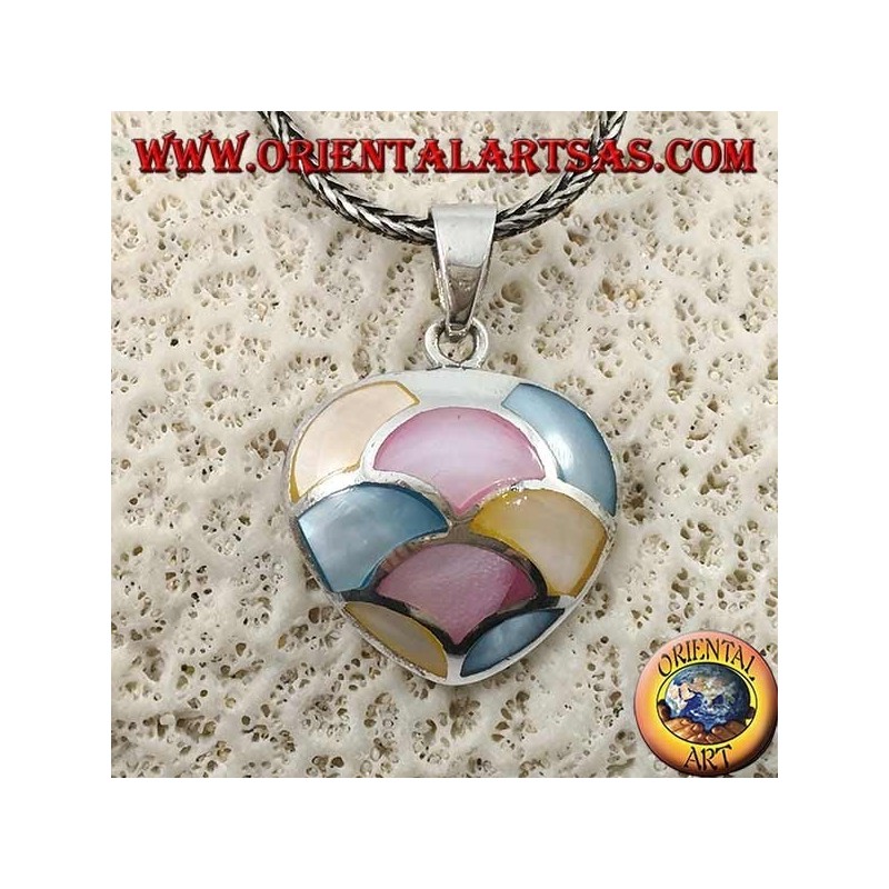 Heart-shaped silver pendant with mosaic of mother-of-pearl colored in semicircles