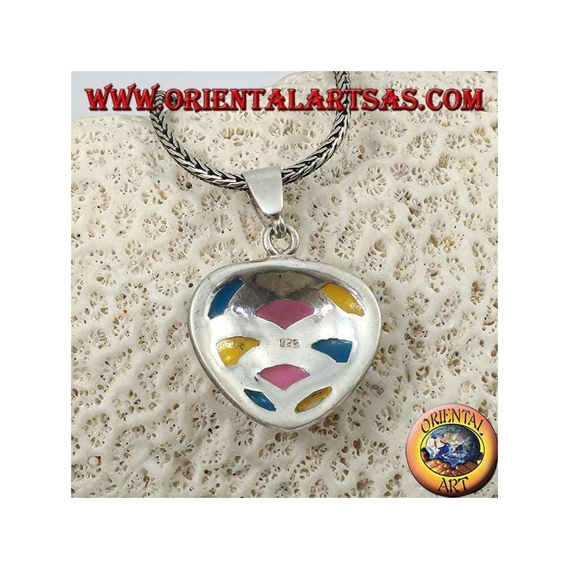 Heart-shaped silver pendant with mosaic of mother-of-pearl colored in semicircles