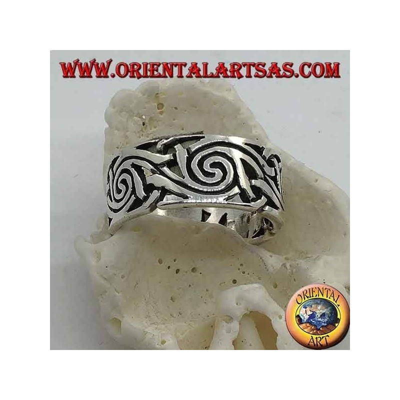Openwork band silver ring with intertwined spiral decorations