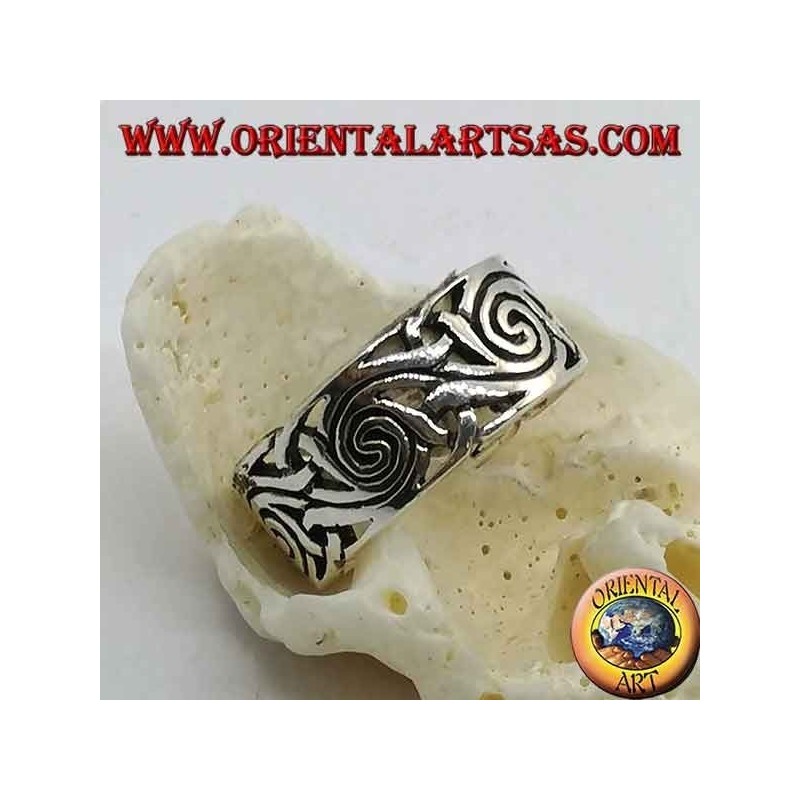 Openwork band silver ring with intertwined spiral decorations