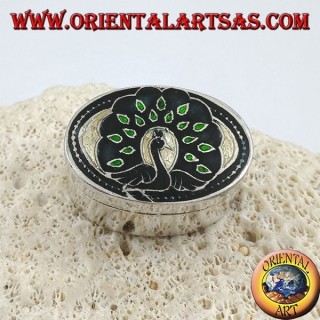Silver ellipsoid box chiseled and fire enamelled with peacock (green)