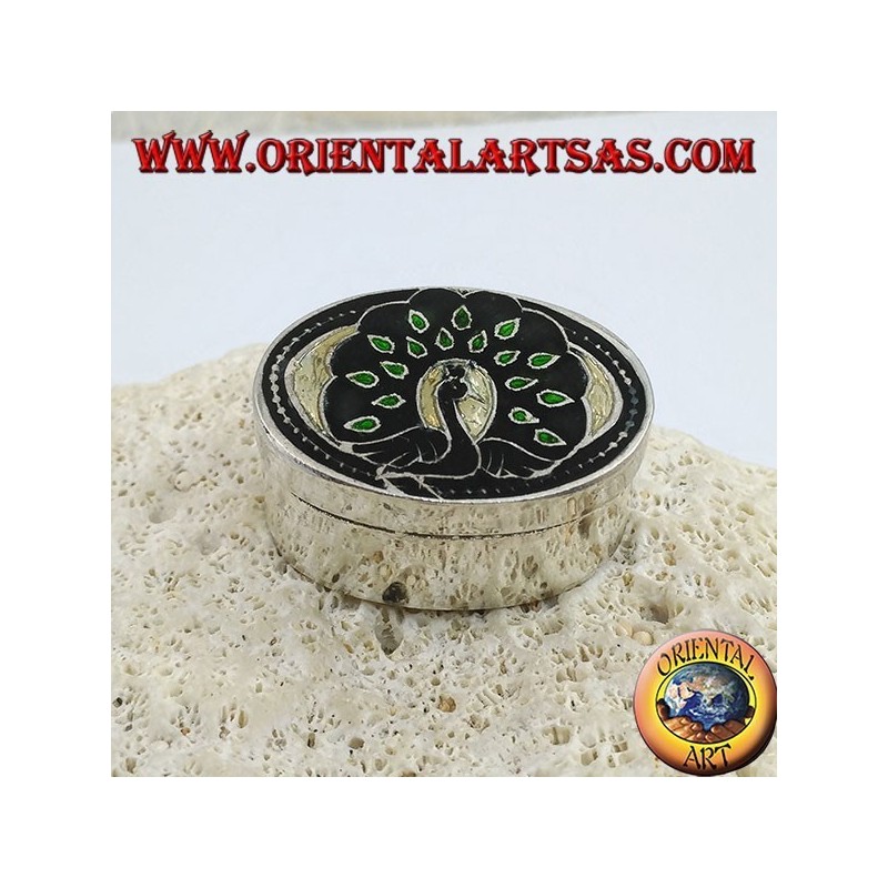 Silver ellipsoid box chiseled and fire enamelled with peacock (green)