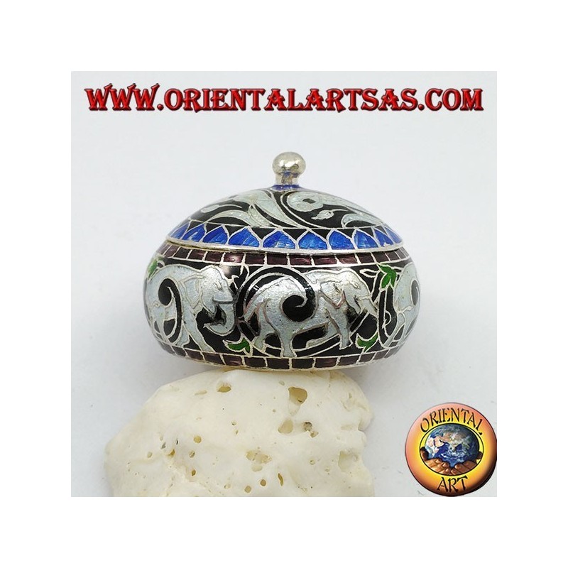 Silver box with chiseled and fire-enameled knob with elephants and sinuous decorations (white)
