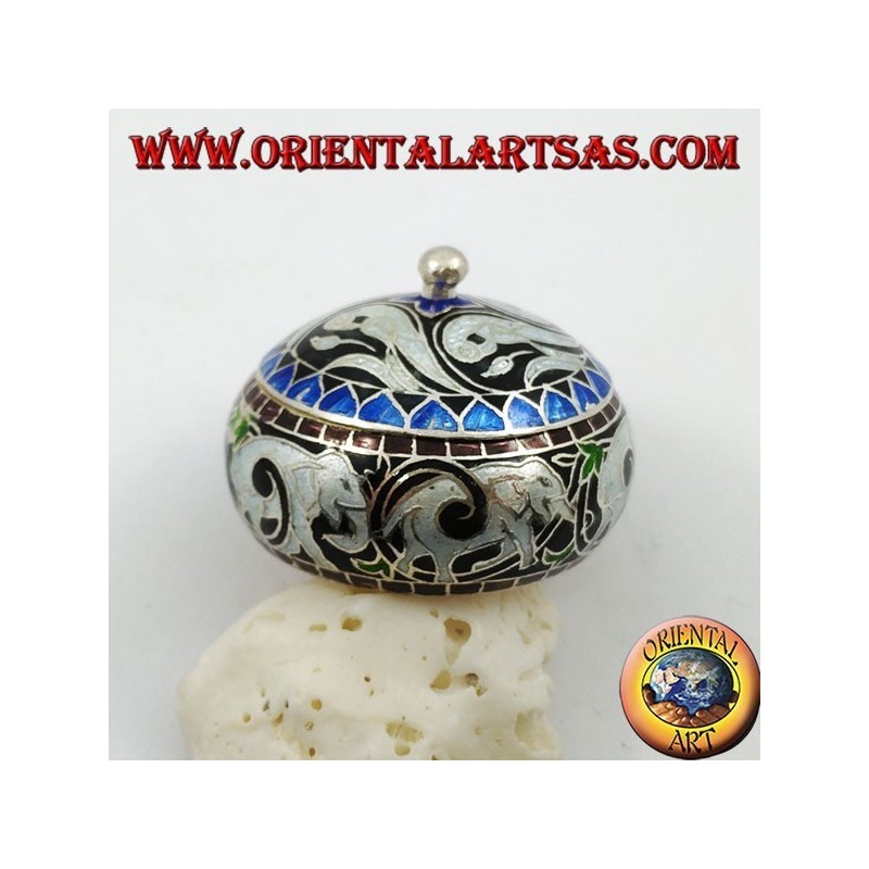 Silver box with chiseled and fire-enameled knob with elephants and sinuous decorations (white)