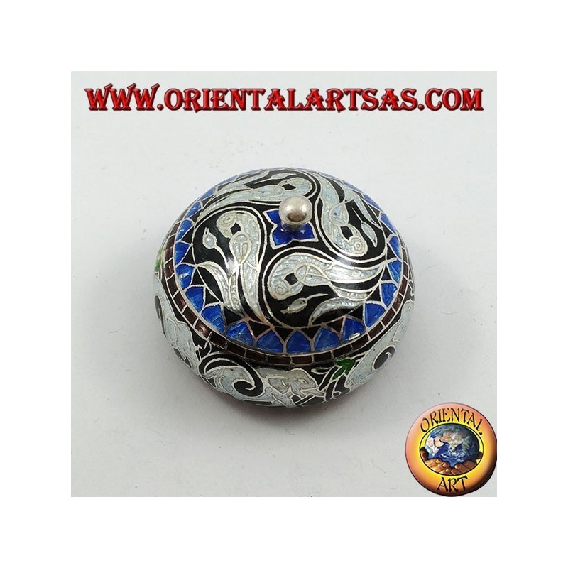 Silver box with chiseled and fire-enameled knob with elephants and sinuous decorations (white)