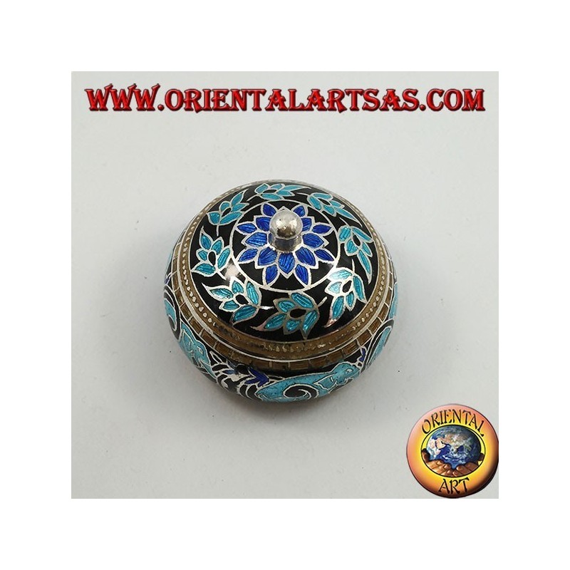 Silver box with chiseled and fire-enameled knob with elephants and floral decorations (blue)