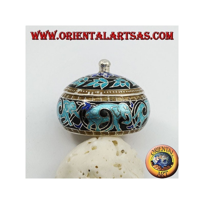 Silver box with chiseled and fire-enameled knob with elephants and floral decorations (blue)