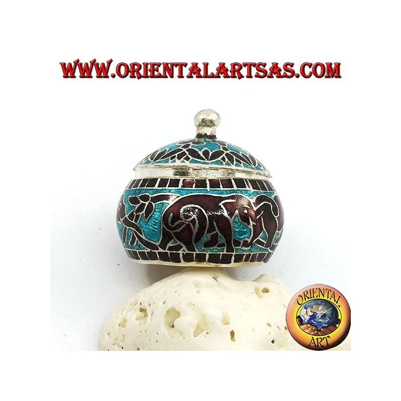 Silver box with chiseled and fire-enameled knob with chained elephants and decorations (blue)