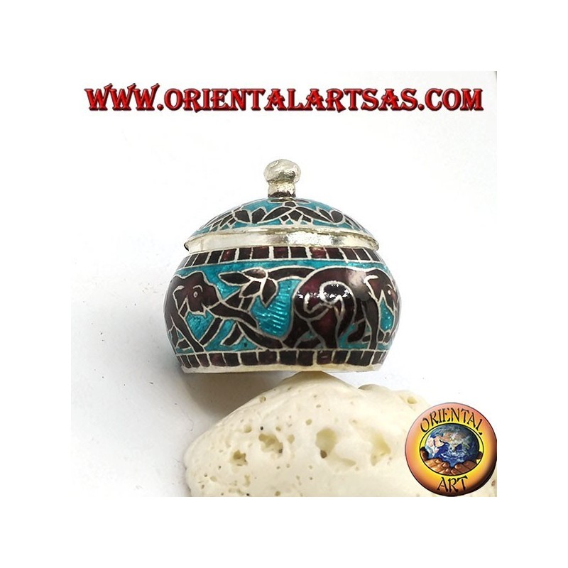 Silver box with chiseled and fire-enameled knob with chained elephants and decorations (blue)