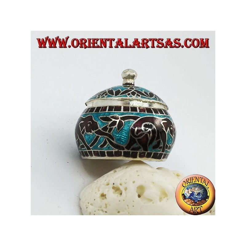 Silver box with chiseled and fire-enameled knob with chained elephants and decorations (blue)