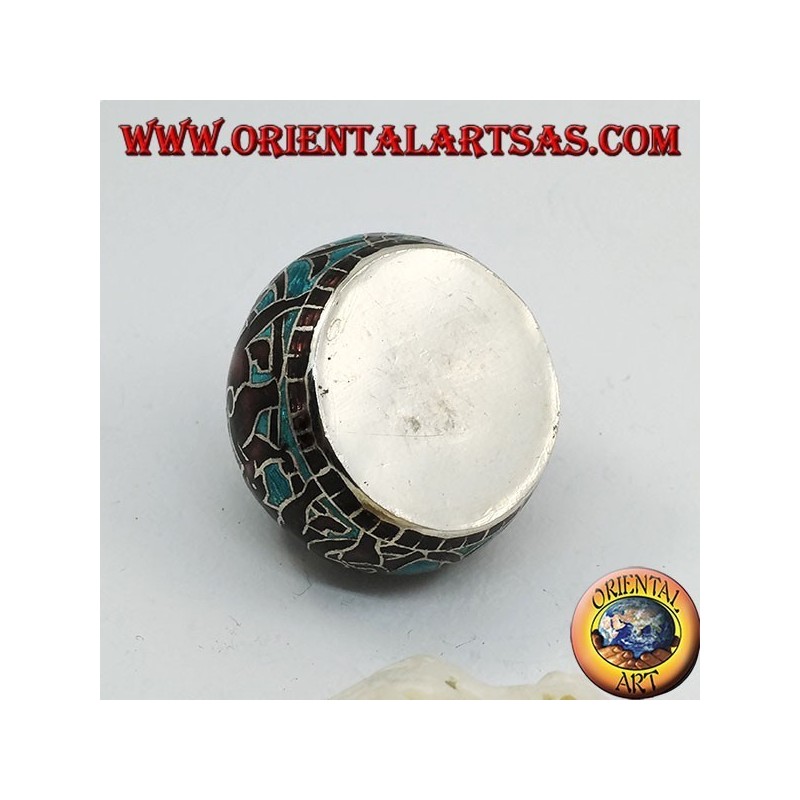 Boîte en argent avec bouton ciselé et émaillé au feu avec éléphants enchaînés et décorations (bleu)