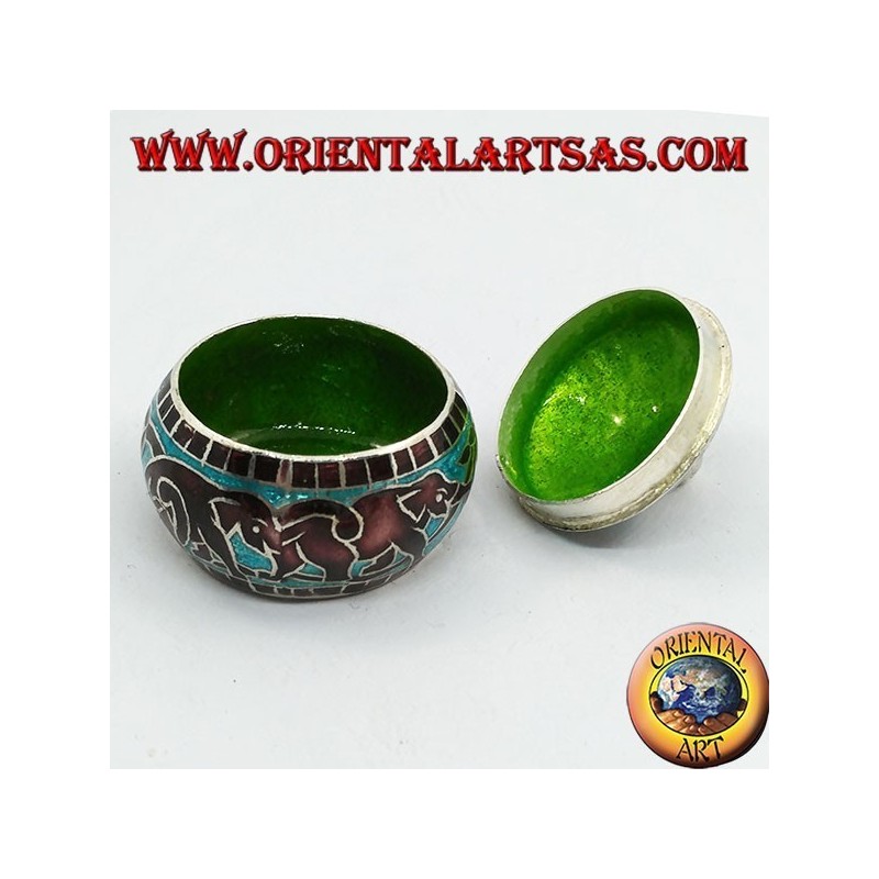 Silver box with chiseled and fire-enameled knob with chained elephants and decorations (blue)