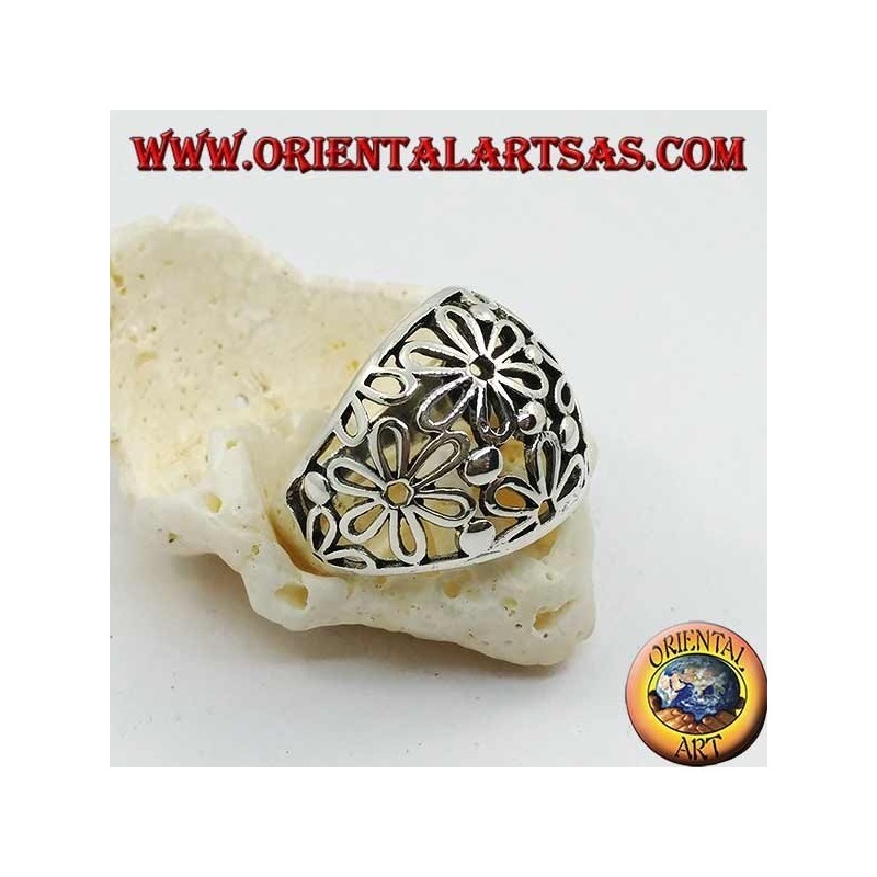 Bague en argent avec une bande ajourée arrondie avec des tournesols