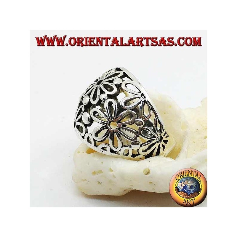 Anello in argento a fascia bombato traforato con girasoli