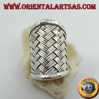 Wide band silver ring with woven lattice decoration (straw style), Karen