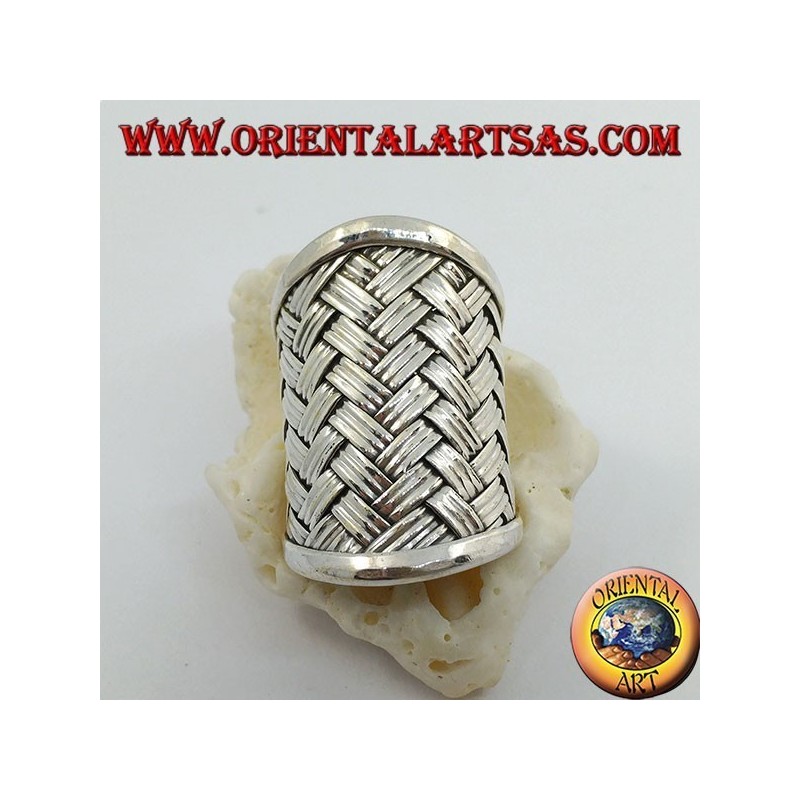 Wide band silver ring with woven lattice decoration (straw style), Karen
