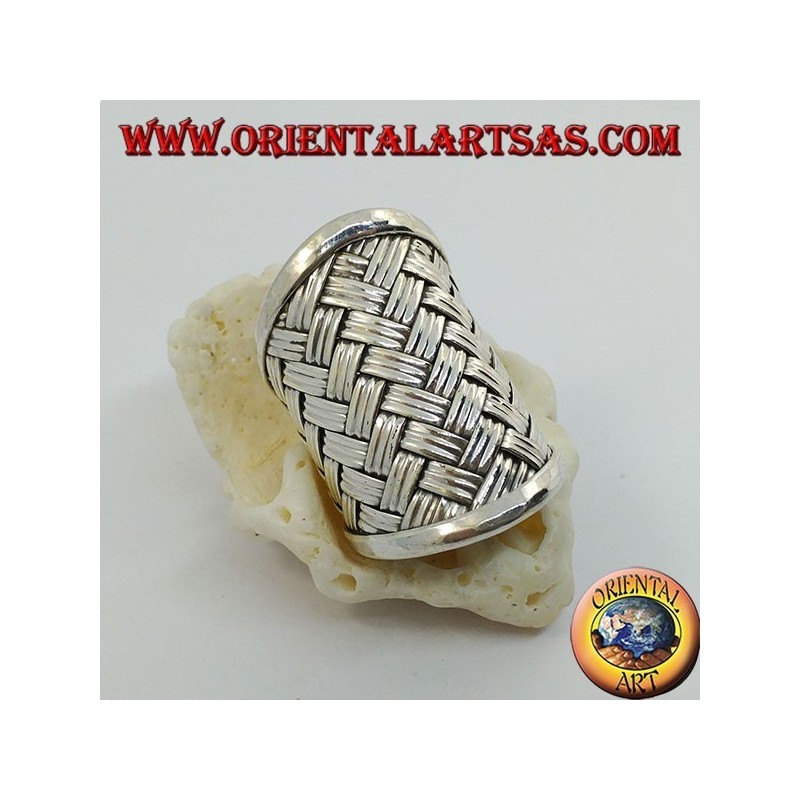 Anillo de plata de banda ancha con decoración de celosía tejida (estilo paja), Karen