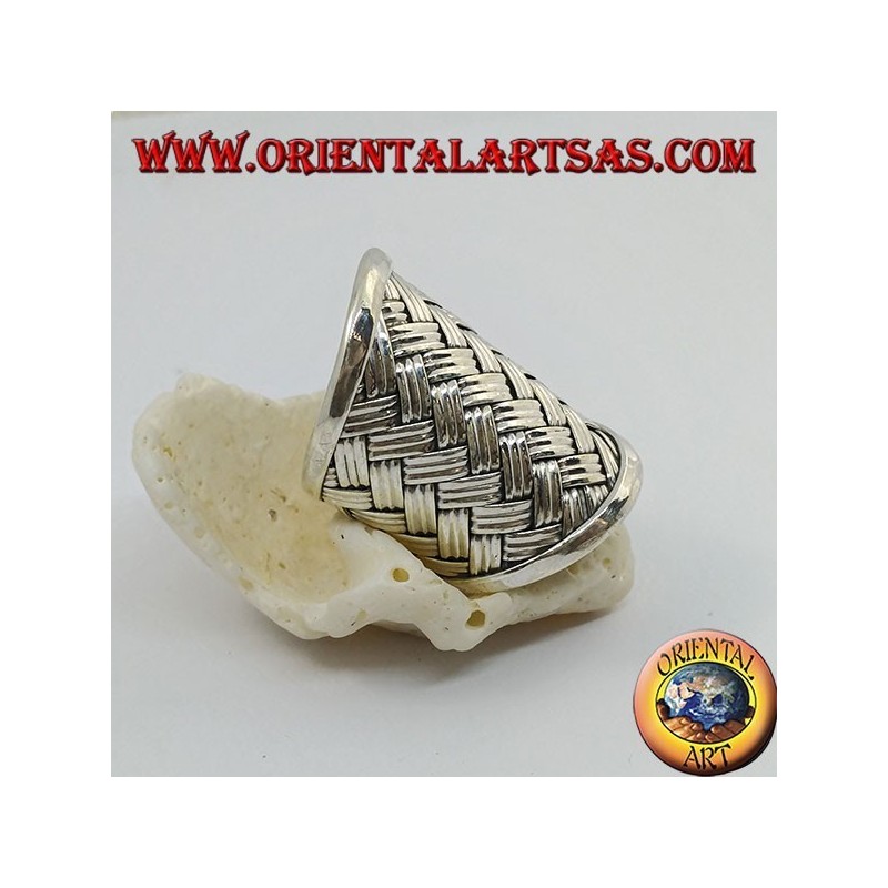 Wide band silver ring with woven lattice decoration (straw style), Karen