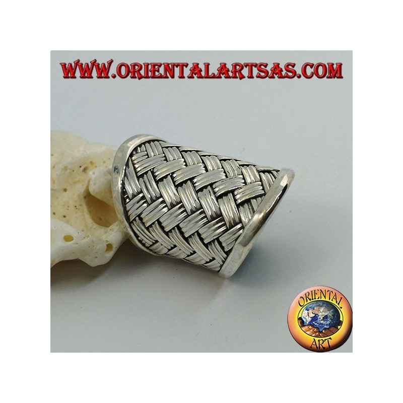 Anillo de plata de banda ancha con decoración de celosía tejida (estilo paja), Karen