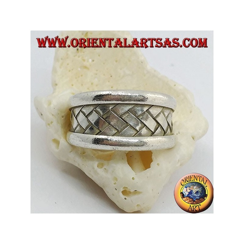 Wide band silver ring with braided lattice decoration, Karen
