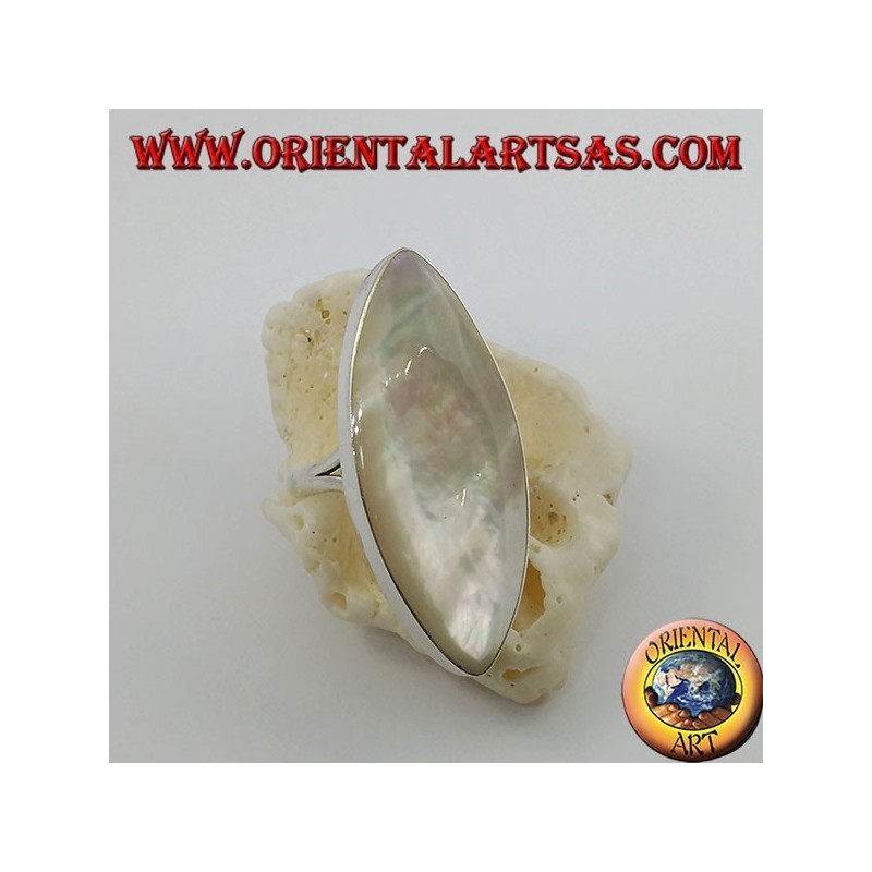 Silver ring with pointed oval mother-of-pearl set on a smooth frame