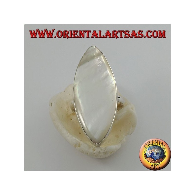 Silver ring with pointed oval mother-of-pearl set on a smooth frame