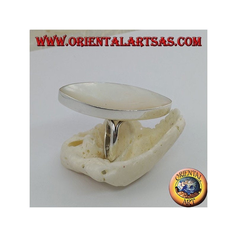 Silver ring with pointed oval mother-of-pearl set on a smooth frame