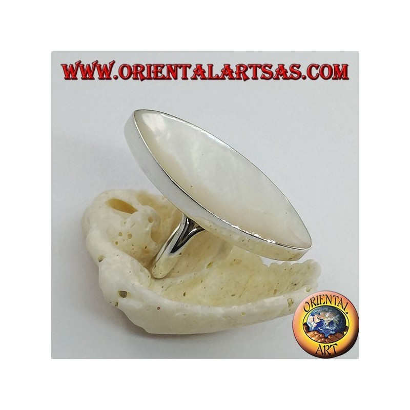 Silver ring with pointed oval mother-of-pearl set on a smooth frame