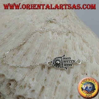 Soft silver chain bracelet with hand of fatima with ball on the palm in the center