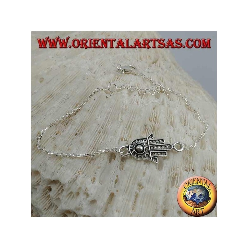 Bracelet chaîne en argent doux avec main de fatima avec boule sur la paume au centre