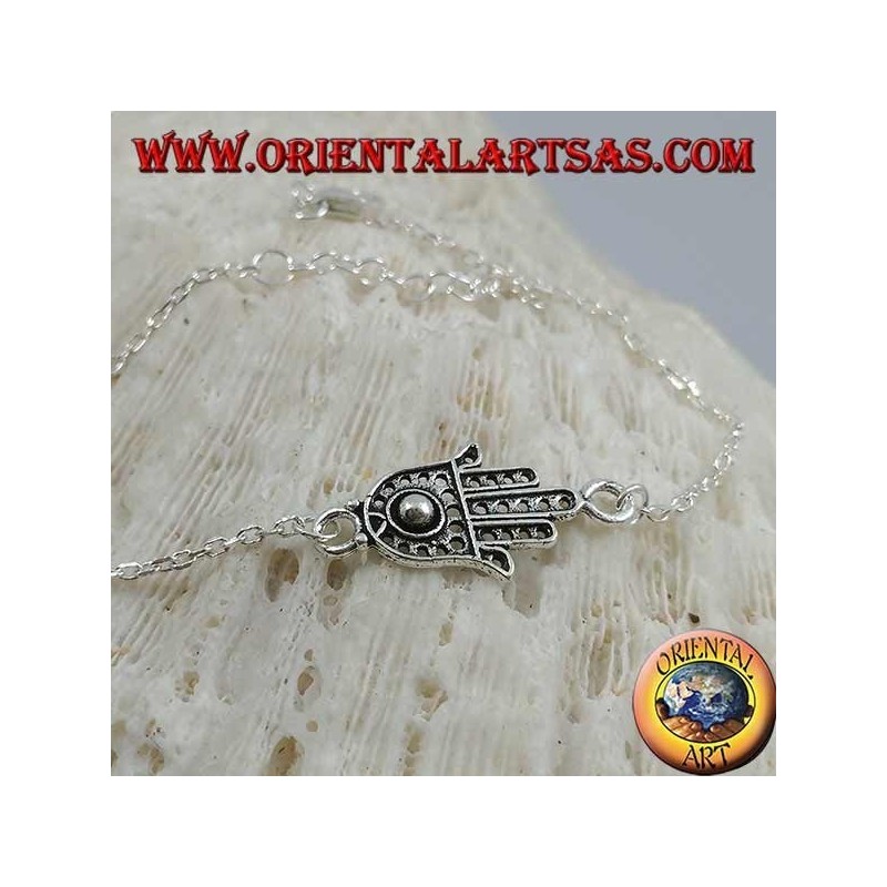 Bracelet chaîne en argent doux avec main de fatima avec boule sur la paume au centre